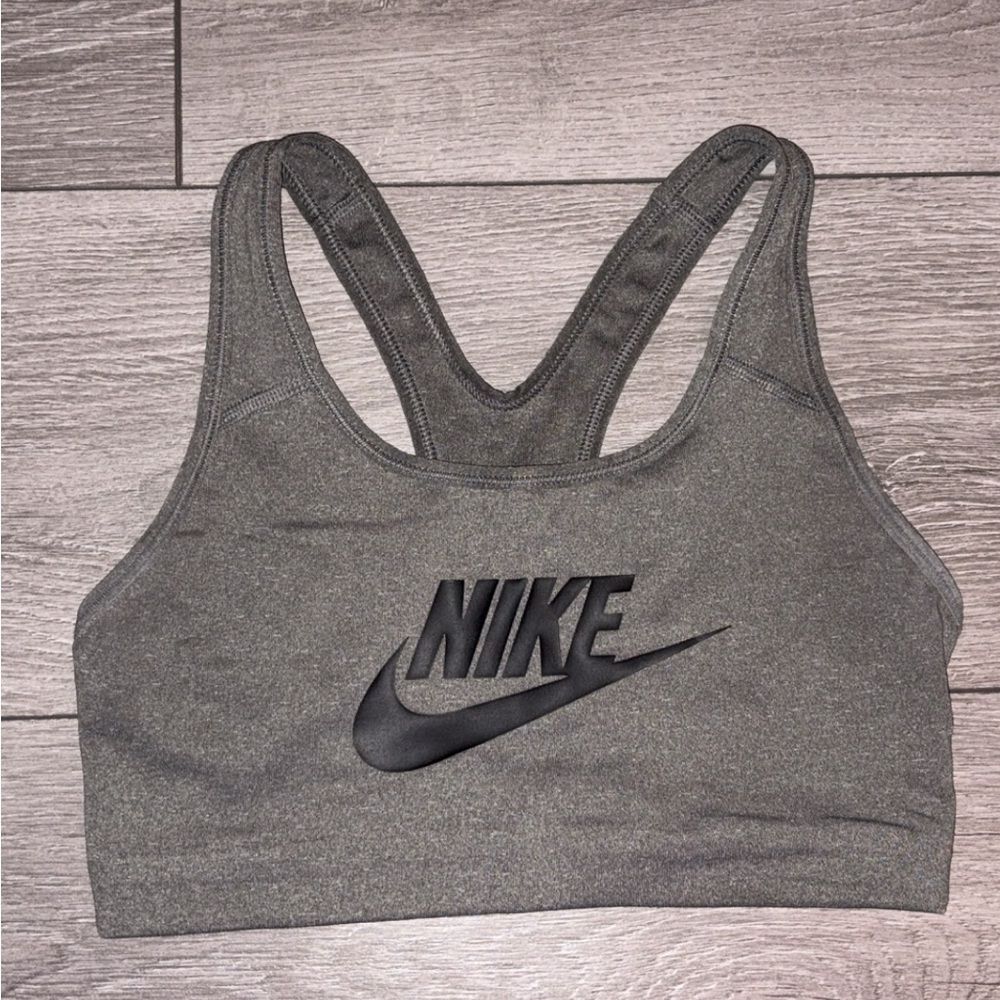 Nike Women’s Size Small Dri Fit Athletic Sports Bra Gray W/ Black Logo EUC